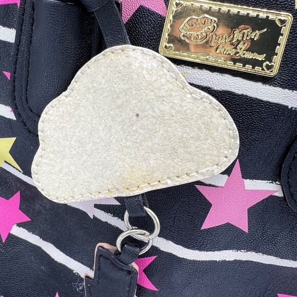 Luv Betsey by Betsey Johnson Satchel Star Print Striped Black White Pink Charm - Picture 3 of 16